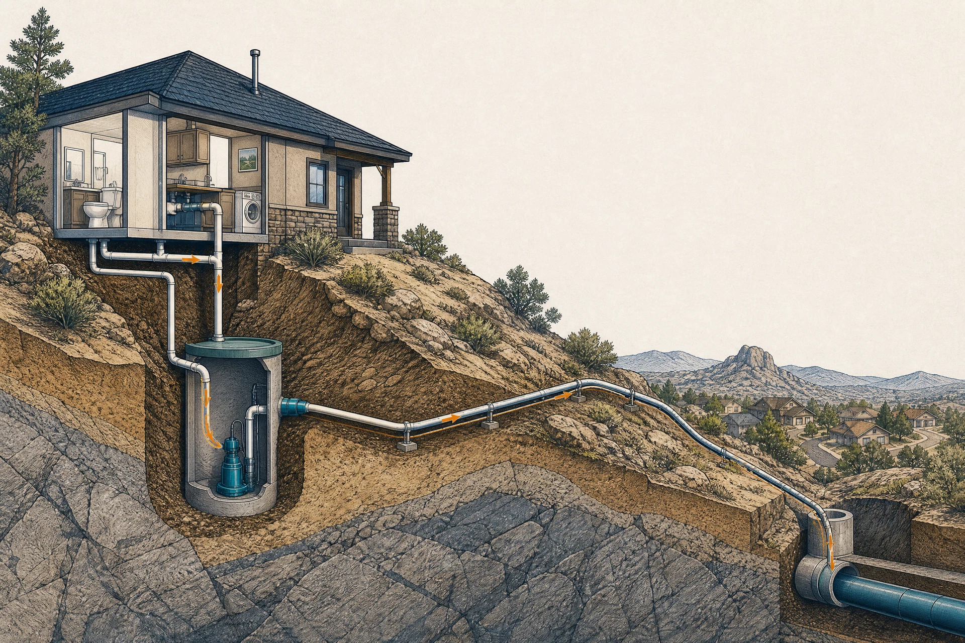 Cutaway illustration showing a Prescott home, grinder pump basin, pressure line, and neighborhood sewer main